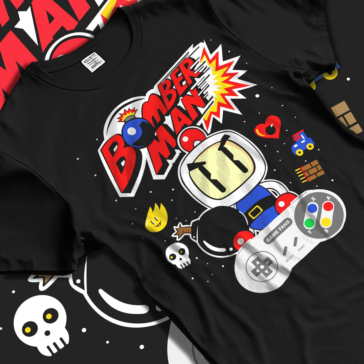 Black T-shirt laid flat with natural folds featuring Bomberman retro 8-bit arcade artwork.