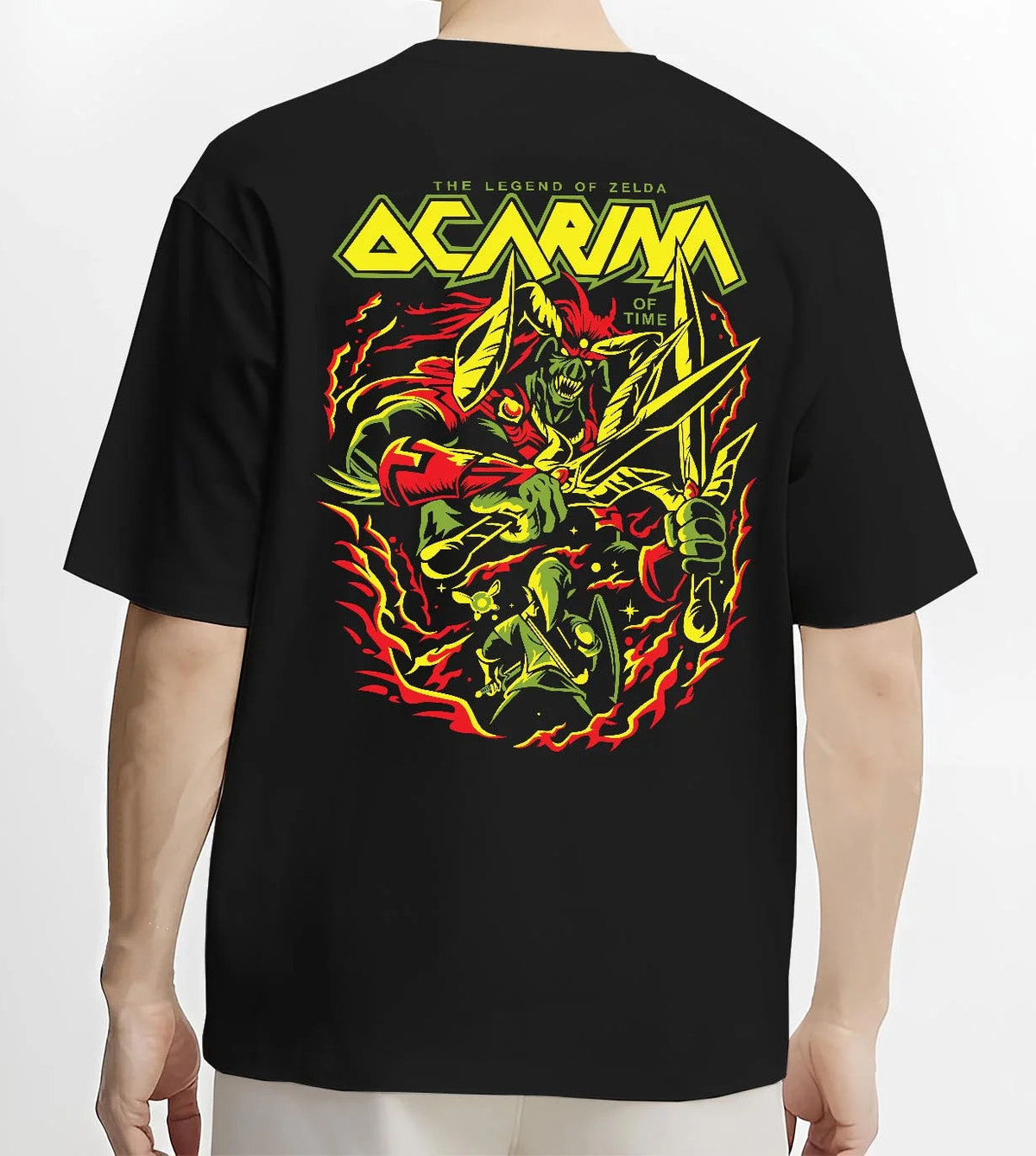 Black T-shirt worn by male model from the back featuring Link Ocarina of Time hero The Legend of Zelda artwork.