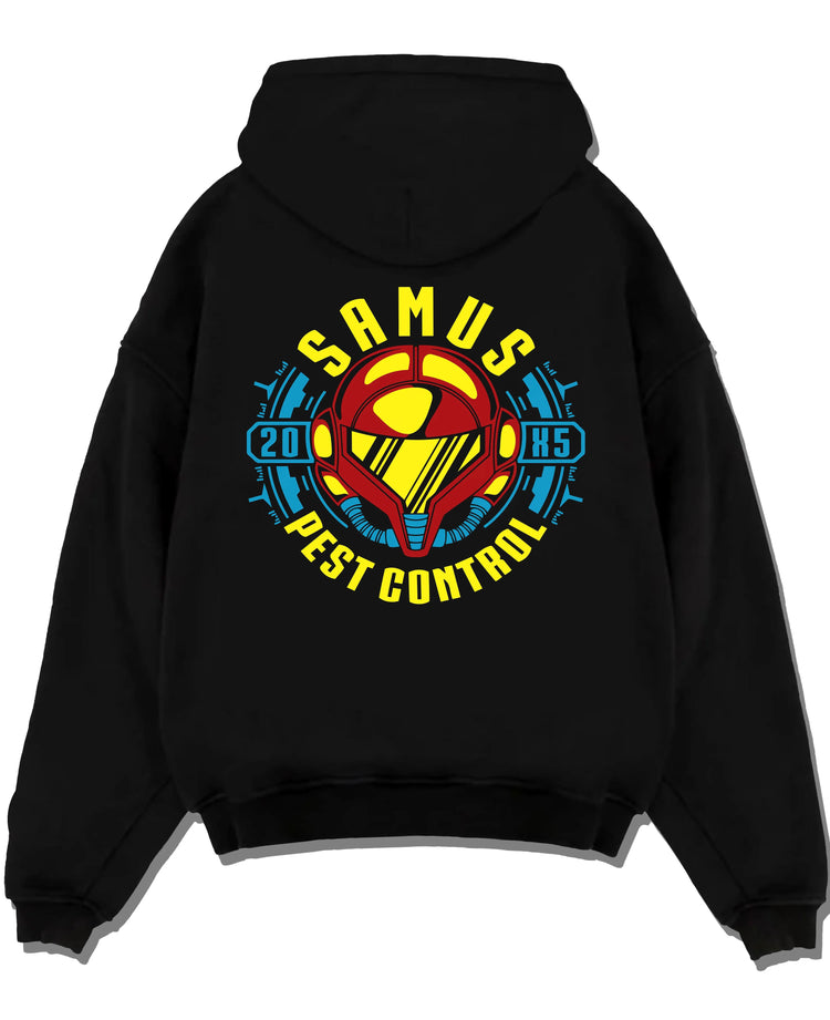 Black hoodie laid flat featuring Samus Aran pest control bounty hunter Metroid artwork.
