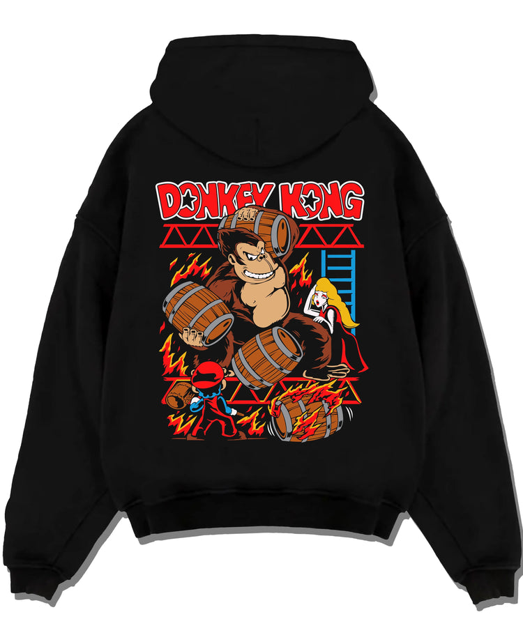 Black hoodie laid flat featuring Donkey Kong barrel throw artwork.