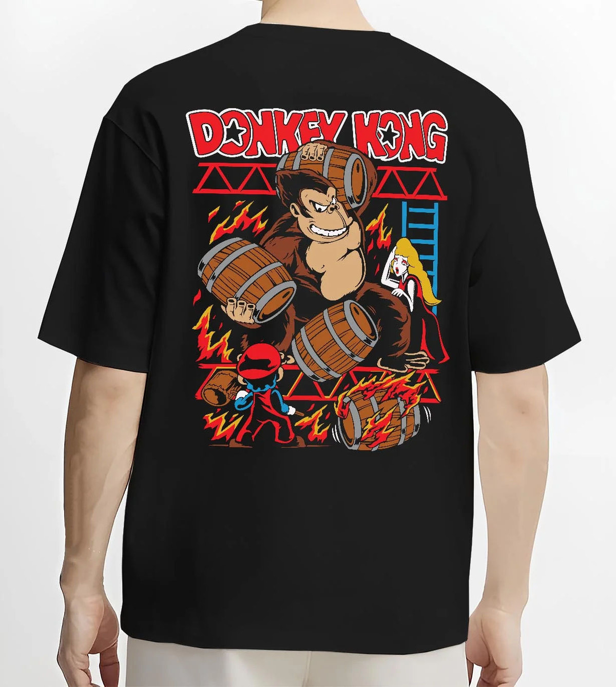Black T-shirt worn by male model from the back featuring Donkey Kong barrel throw artwork.
