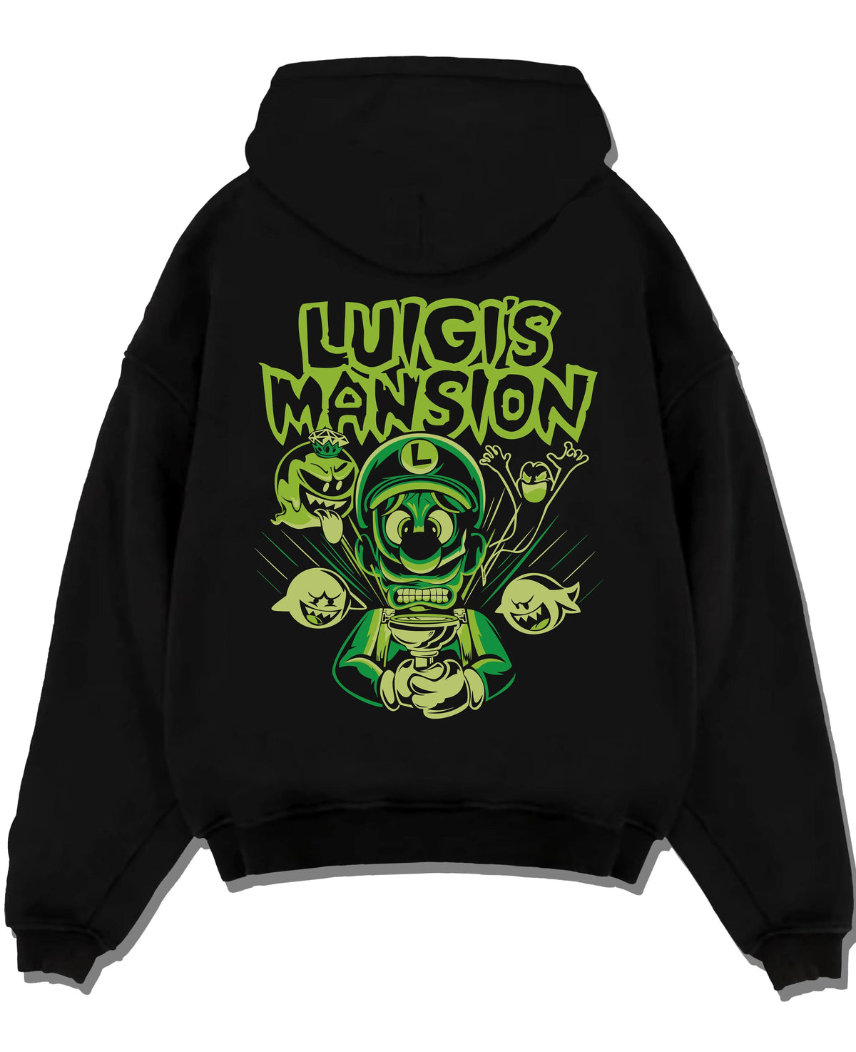Black hoodie laid flat featuring Luigi ghost hunter Luigi's Mansion artwork.