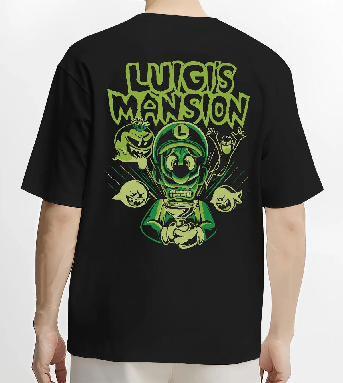 Black T-shirt worn by male model from the back featuring Luigi ghost hunter Luigi's Mansion artwork.
