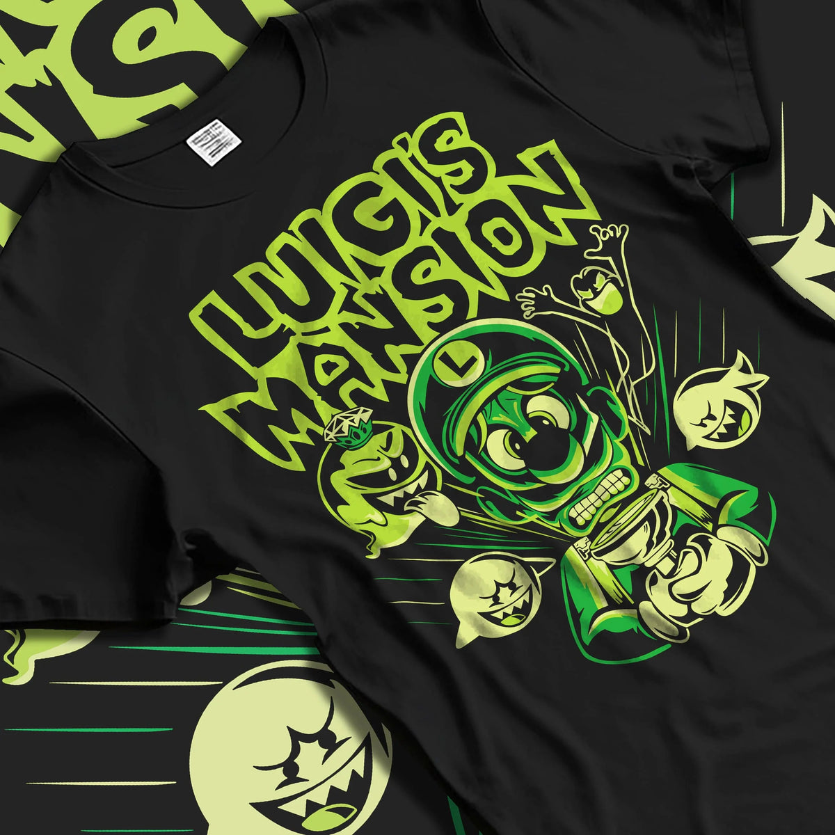 Black T-shirt laid flat with natural folds featuring Luigi ghost hunter Luigi's Mansion artwork.