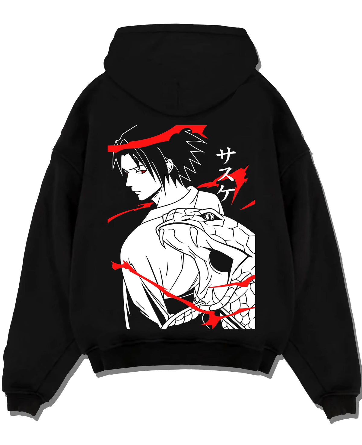 Black hoodie laid flat featuring Sasuke Uchiha Sharingan snake power Naruto artwork.