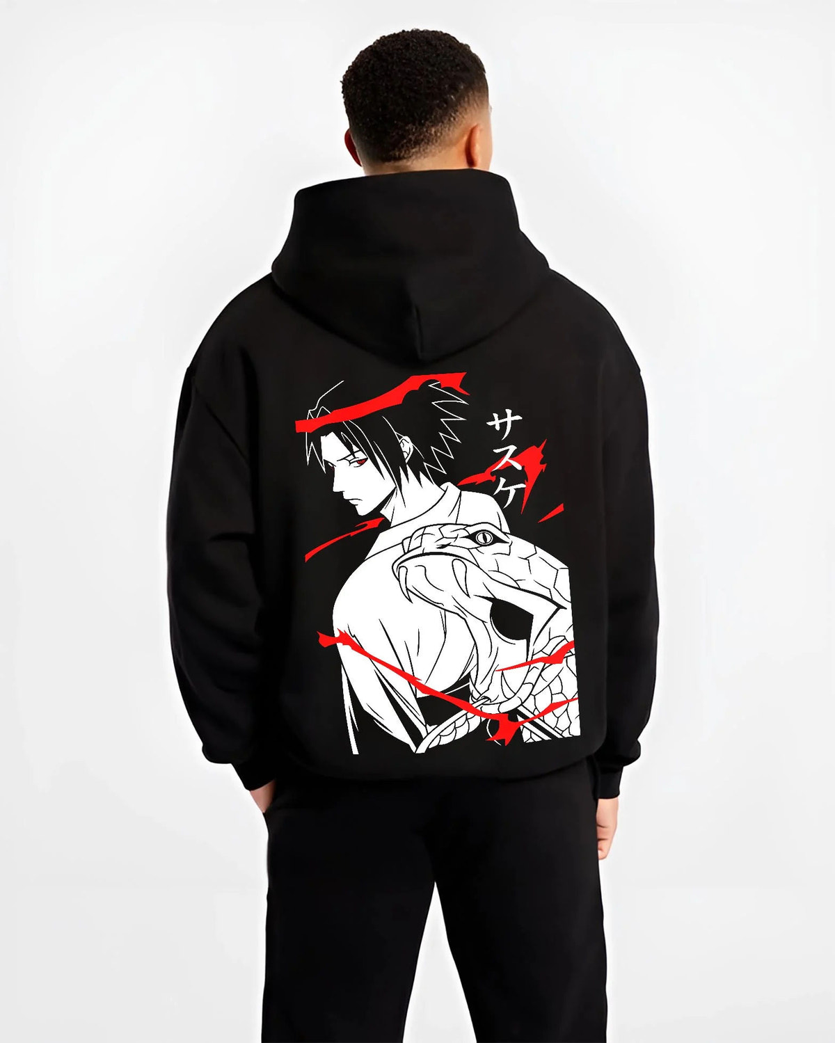 Black hoodie worn by male model from the back featuring Sasuke Uchiha Sharingan snake power Naruto artwork.
