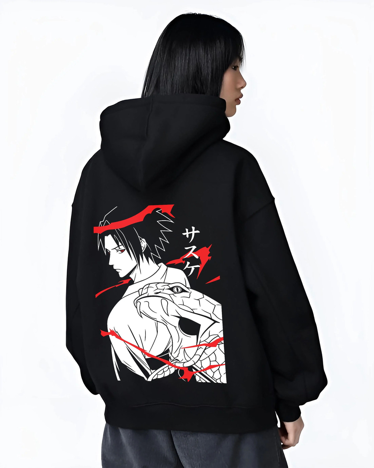 Black hoodie worn by female model from the back featuring Sasuke Uchiha Sharingan snake power Naruto artwork.