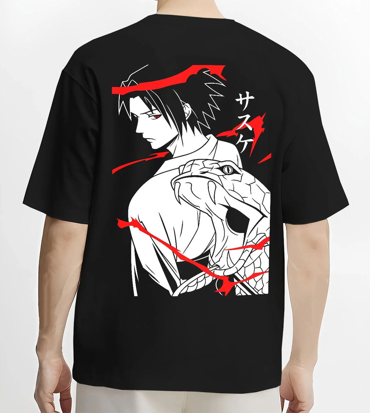 Black T-shirt worn by male model from the back featuring Sasuke Uchiha Sharingan snake power Naruto artwork.