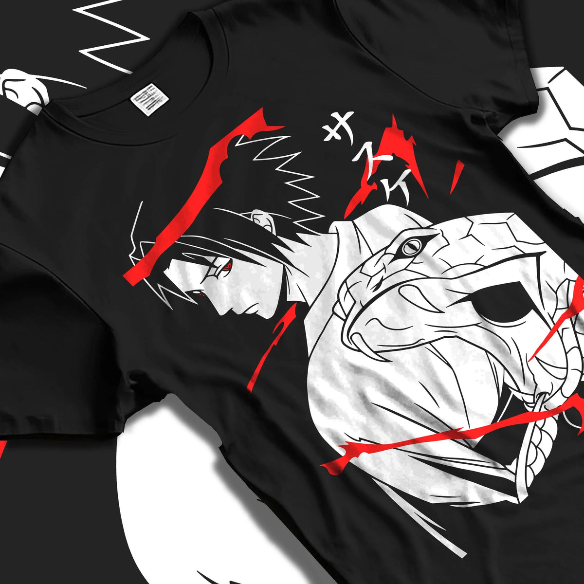Black T-shirt laid flat with natural folds featuring Sasuke Uchiha Sharingan snake power Naruto artwork.