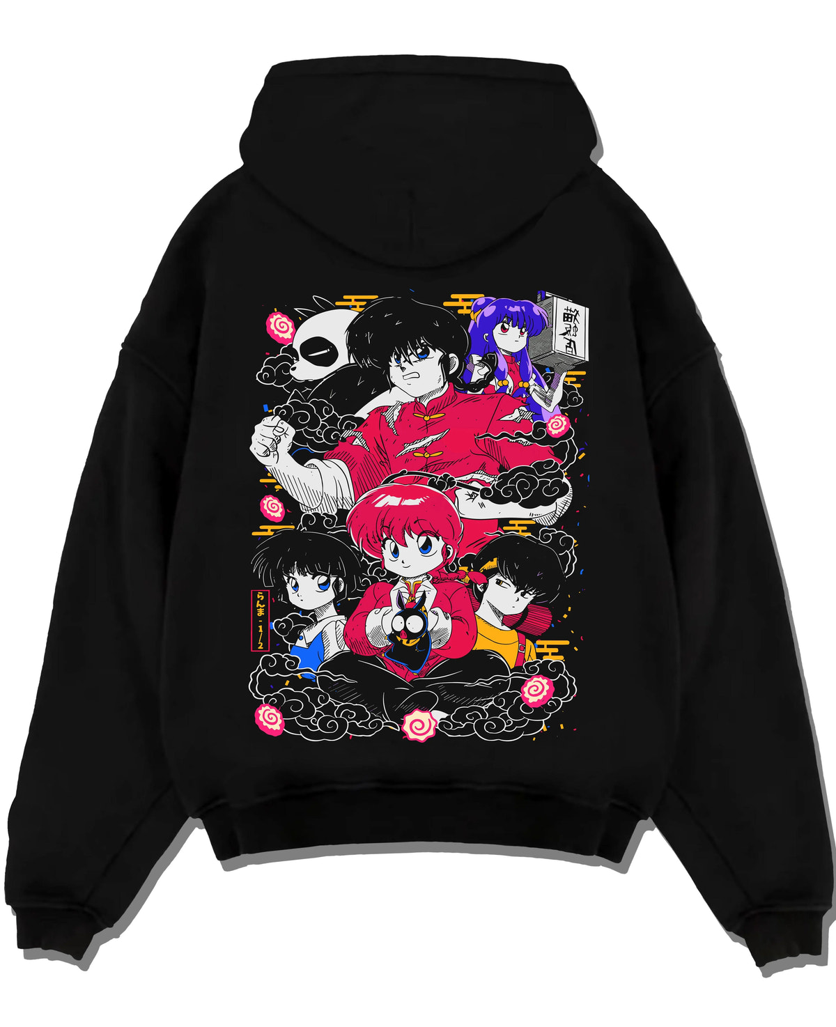 Black hoodie laid flat featuring Ranma 1/2 martial arts cast artwork.