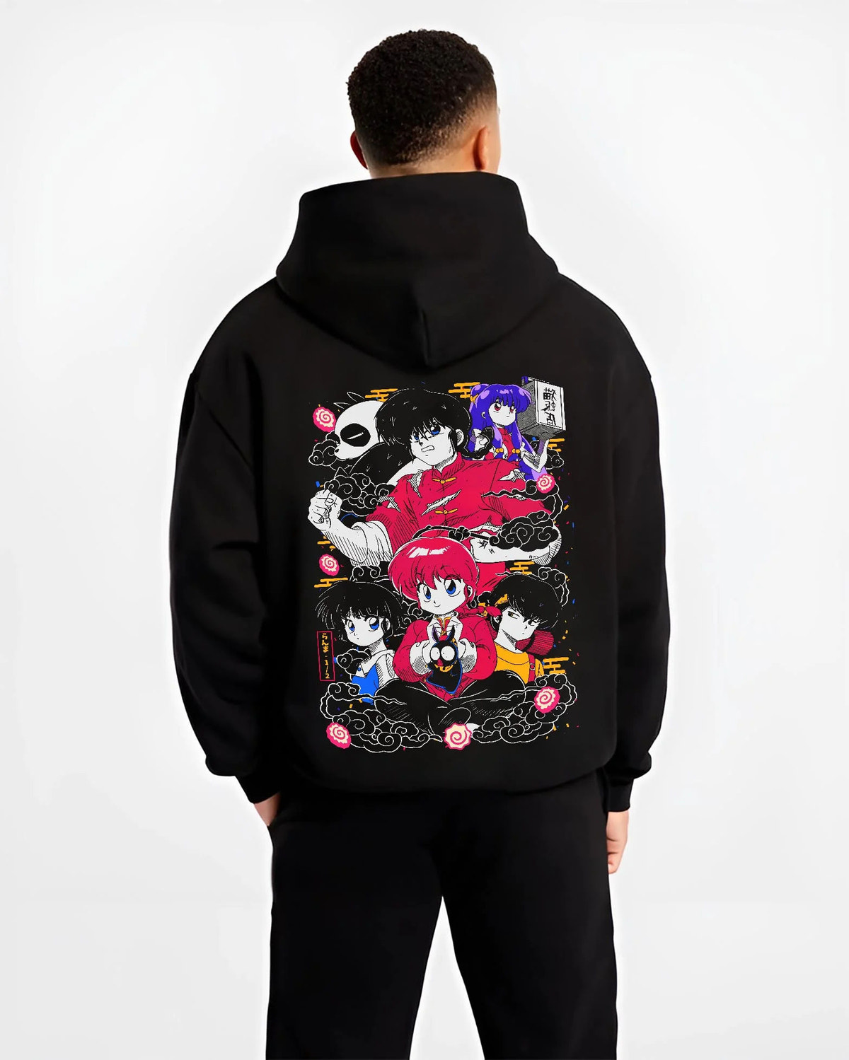 Black hoodie worn by male model from the back featuring Ranma 1/2 martial arts cast artwork.