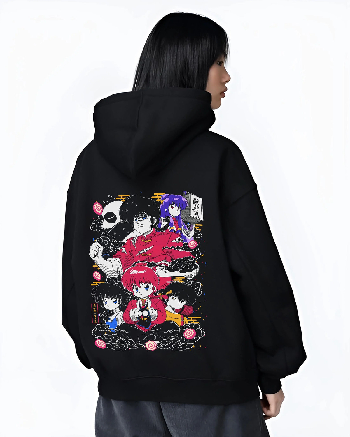 Black hoodie worn by female model from the back featuring Ranma 1/2 martial arts cast artwork.