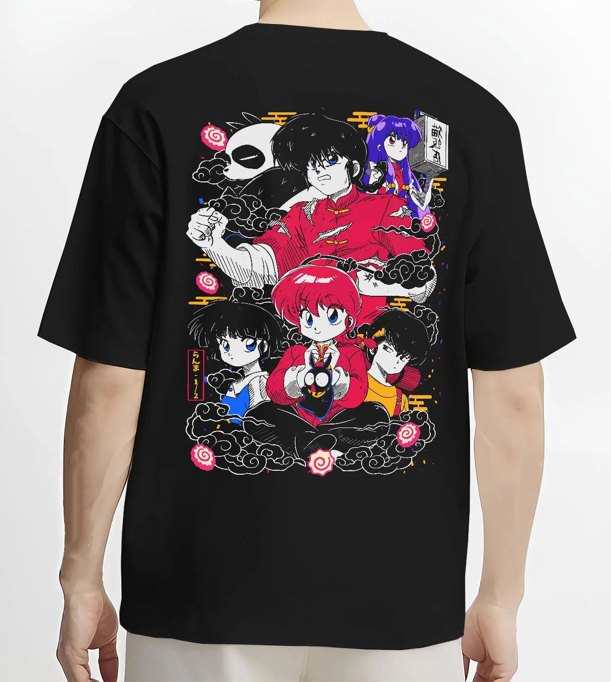 Black T-shirt worn by male model from the back featuring Ranma 1/2 martial arts cast artwork.