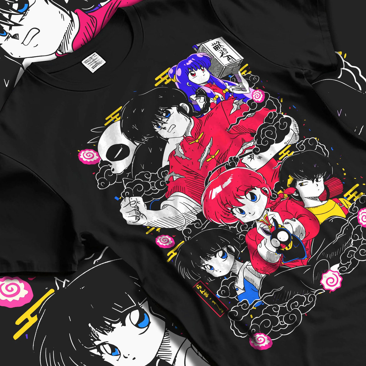 Black T-shirt laid flat with natural folds featuring Ranma 1/2 martial arts cast artwork.