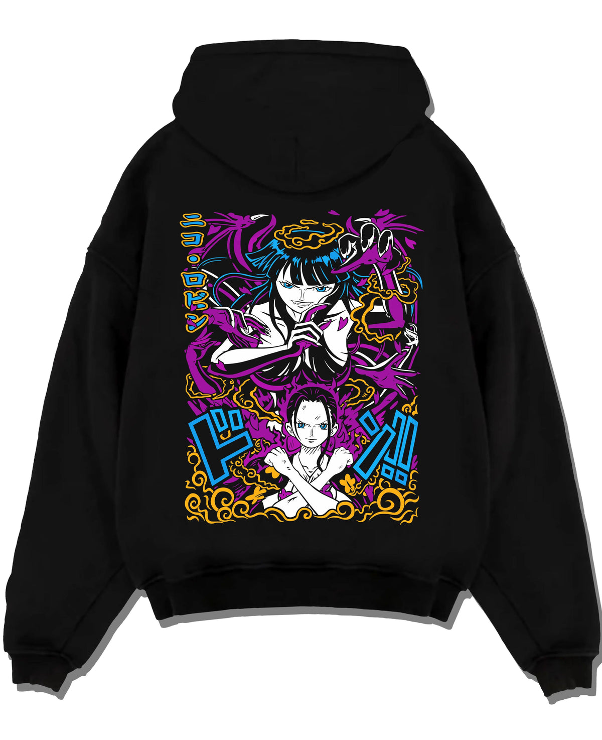 Black hoodie laid flat featuring Nico Robin Flower-Flower Fruit power One Piece artwork.