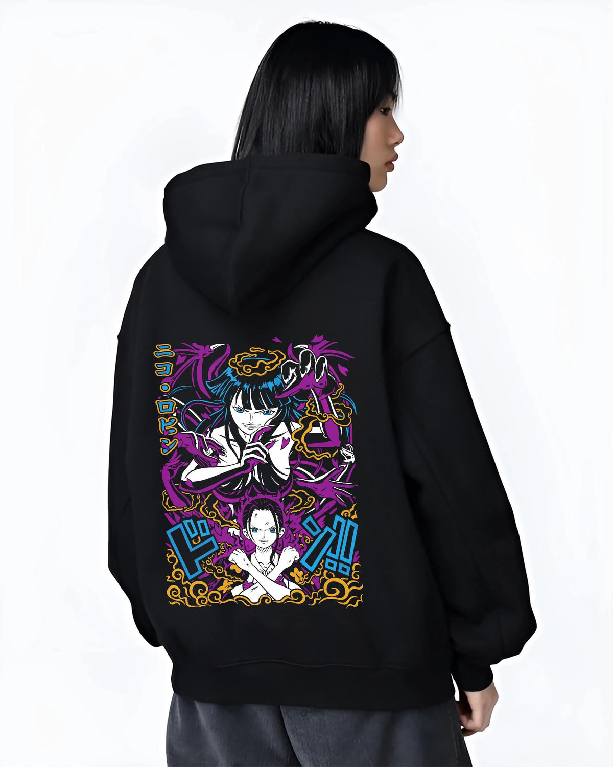Black hoodie worn by female model from the back featuring Nico Robin Flower-Flower Fruit power One Piece artwork.