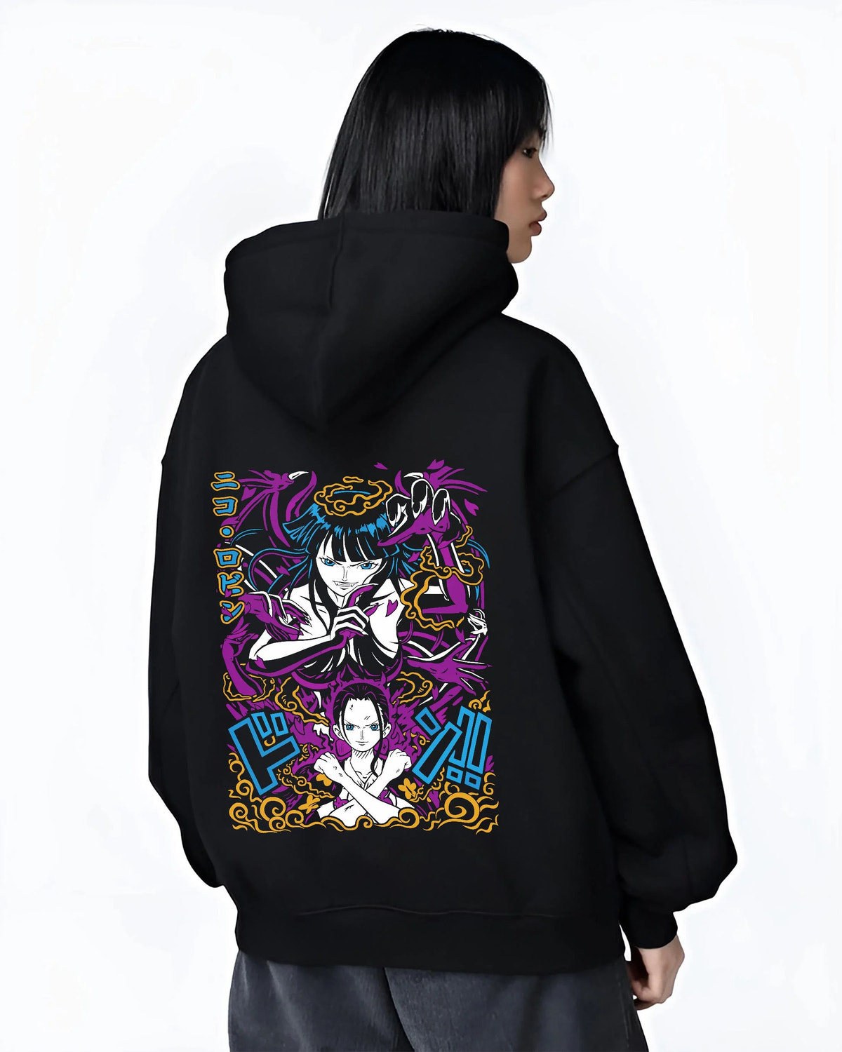 Black hoodie worn by female model from the back featuring Nico Robin Flower-Flower Fruit power One Piece artwork.