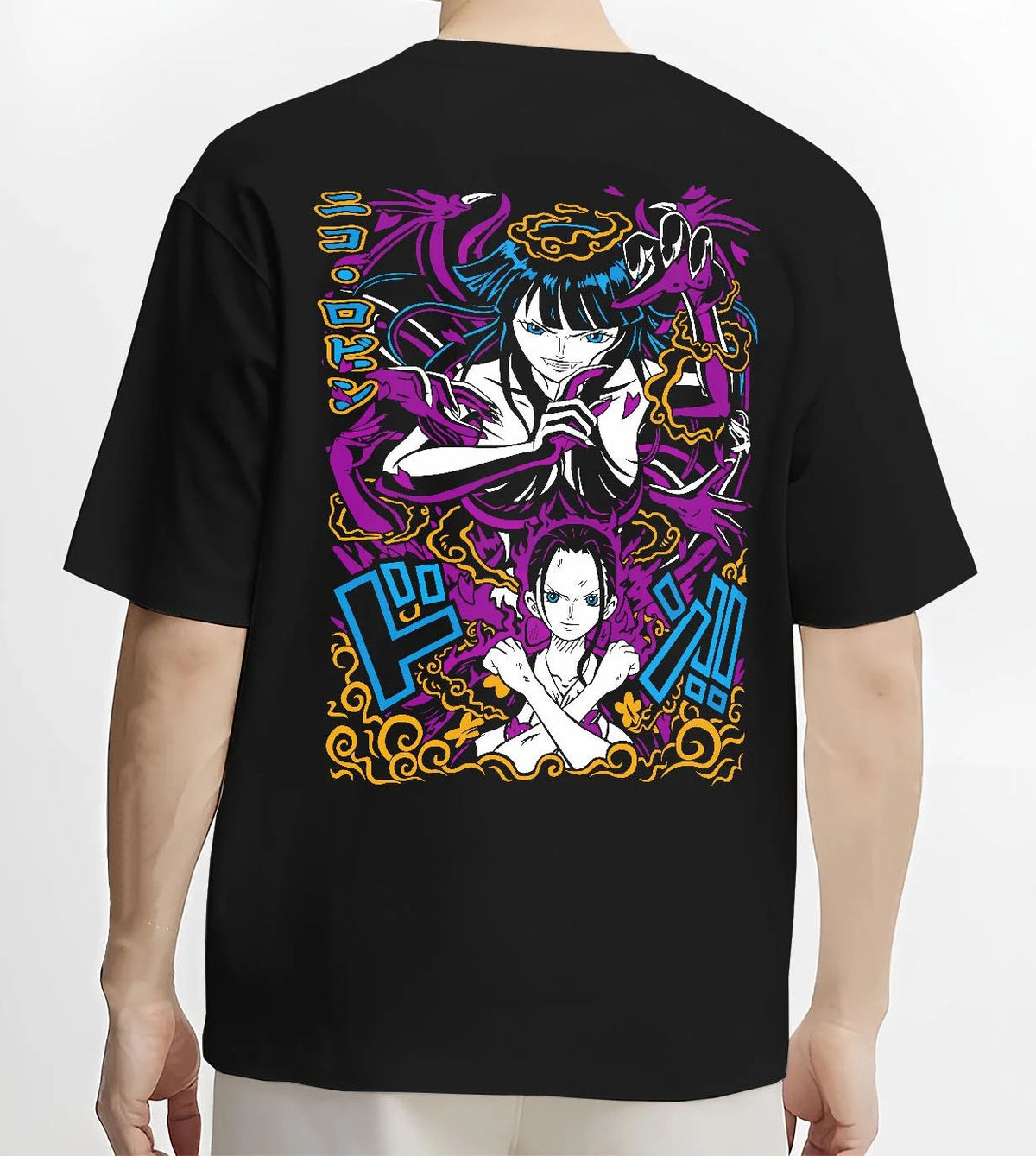 Black T-shirt worn by male model from the back featuring Nico Robin Flower-Flower Fruit power One Piece artwork.