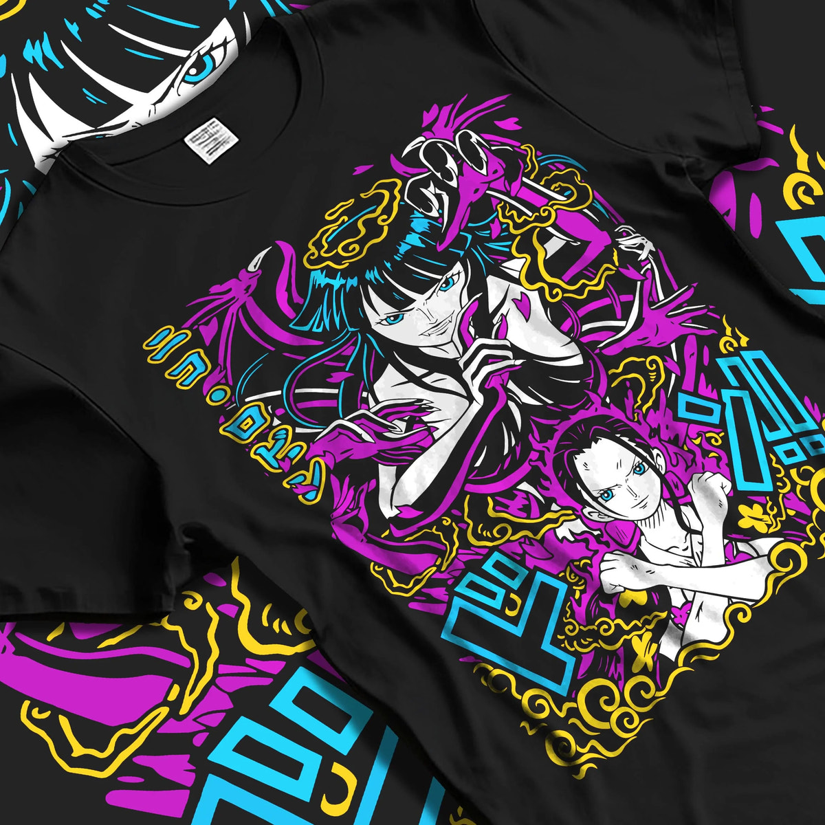 Black T-shirt laid flat with natural folds featuring Nico Robin Flower-Flower Fruit power One Piece artwork.