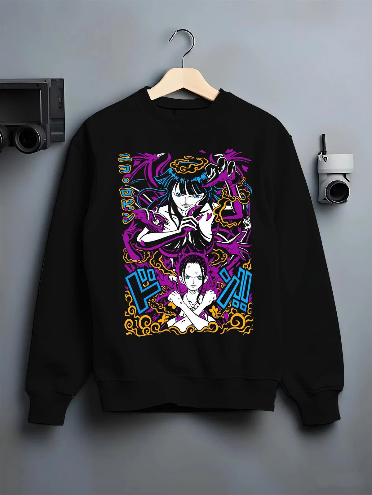 Black crewneck sweatshirt on hanger featuring Nico Robin Flower-Flower Fruit power One Piece artwork.