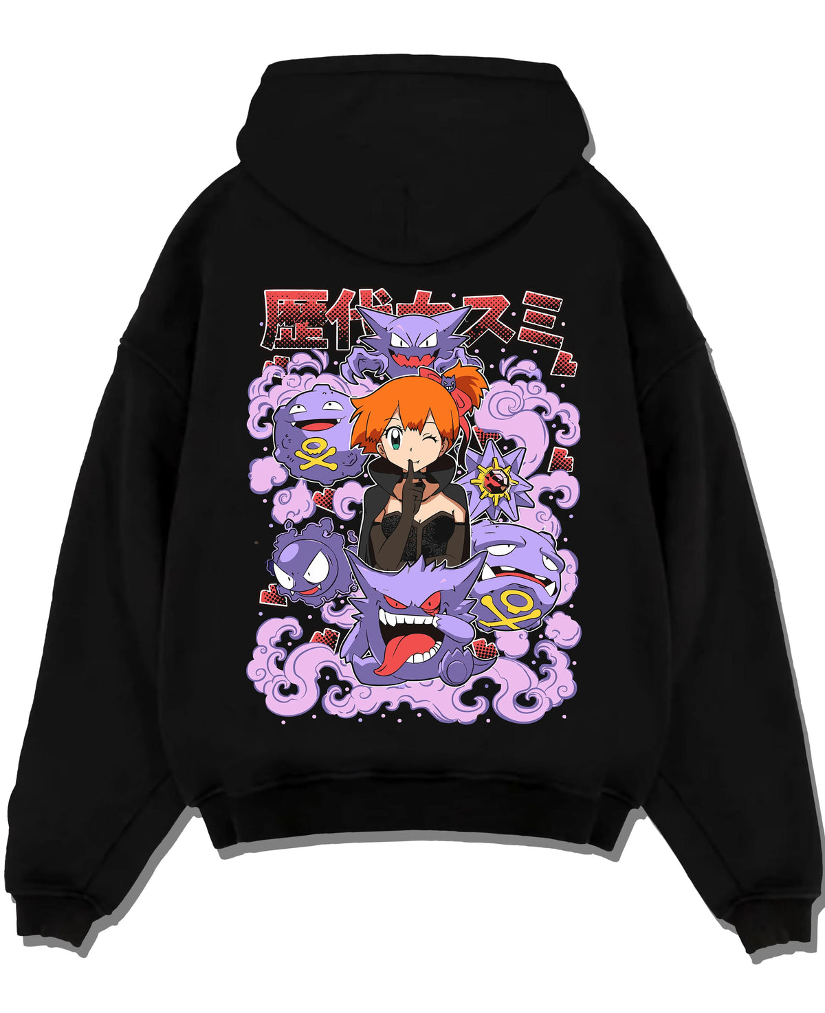 Black hoodie laid flat featuring Team Rocket and Gengar villain crew Pokemon artwork.