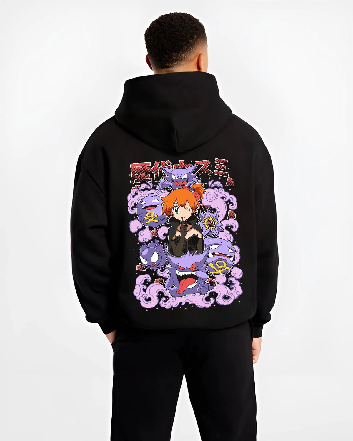 Black hoodie worn by male model from the back featuring Team Rocket and Gengar villain crew Pokemon artwork.