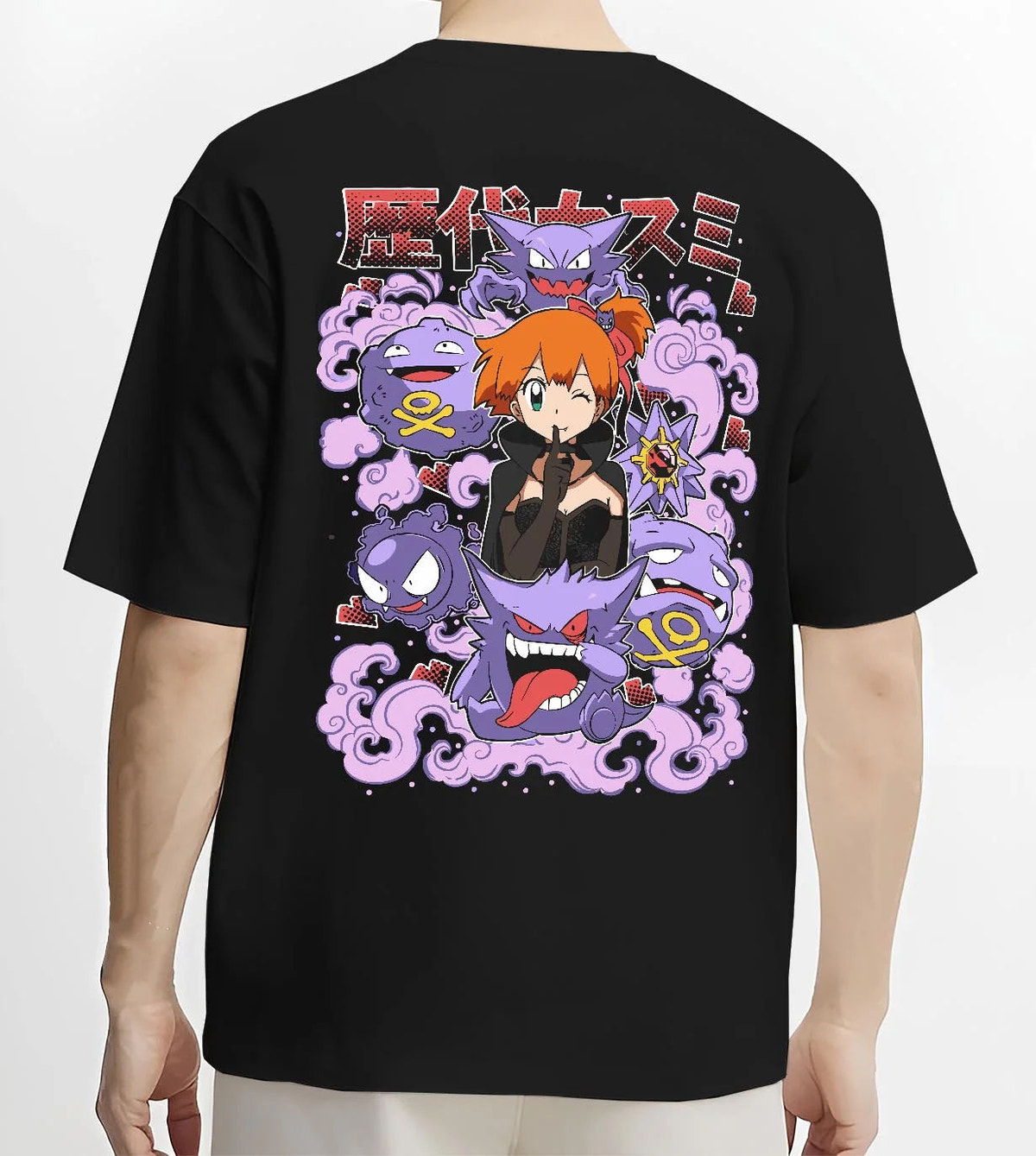 Black T-shirt worn by male model from the back featuring Team Rocket and Gengar villain crew Pokemon artwork.