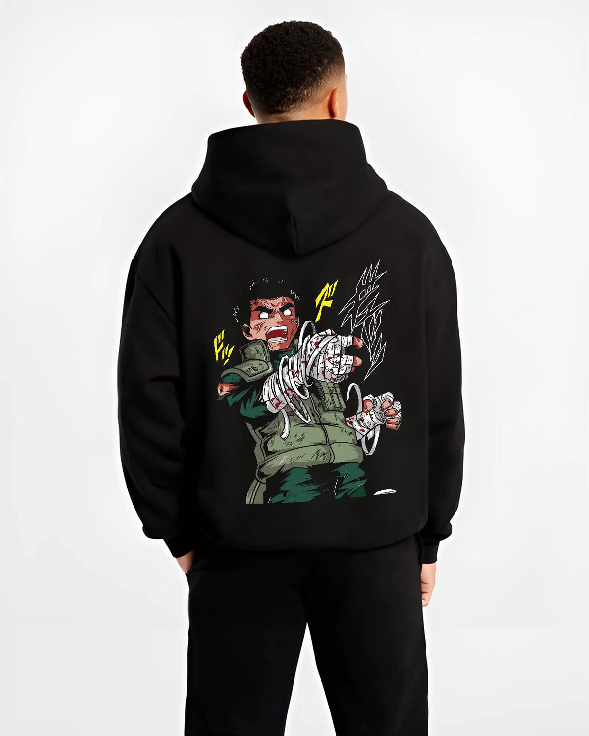 Black hoodie worn by male model from the back featuring Rock Lee bandaged fist taijutsu Naruto artwork.