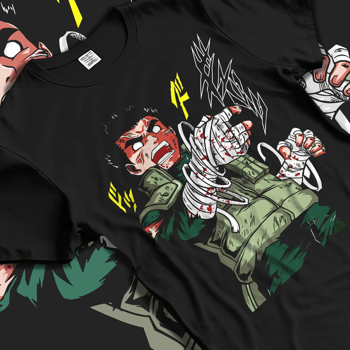 Black T-shirt laid flat with natural folds featuring Rock Lee bandaged fist taijutsu Naruto artwork.