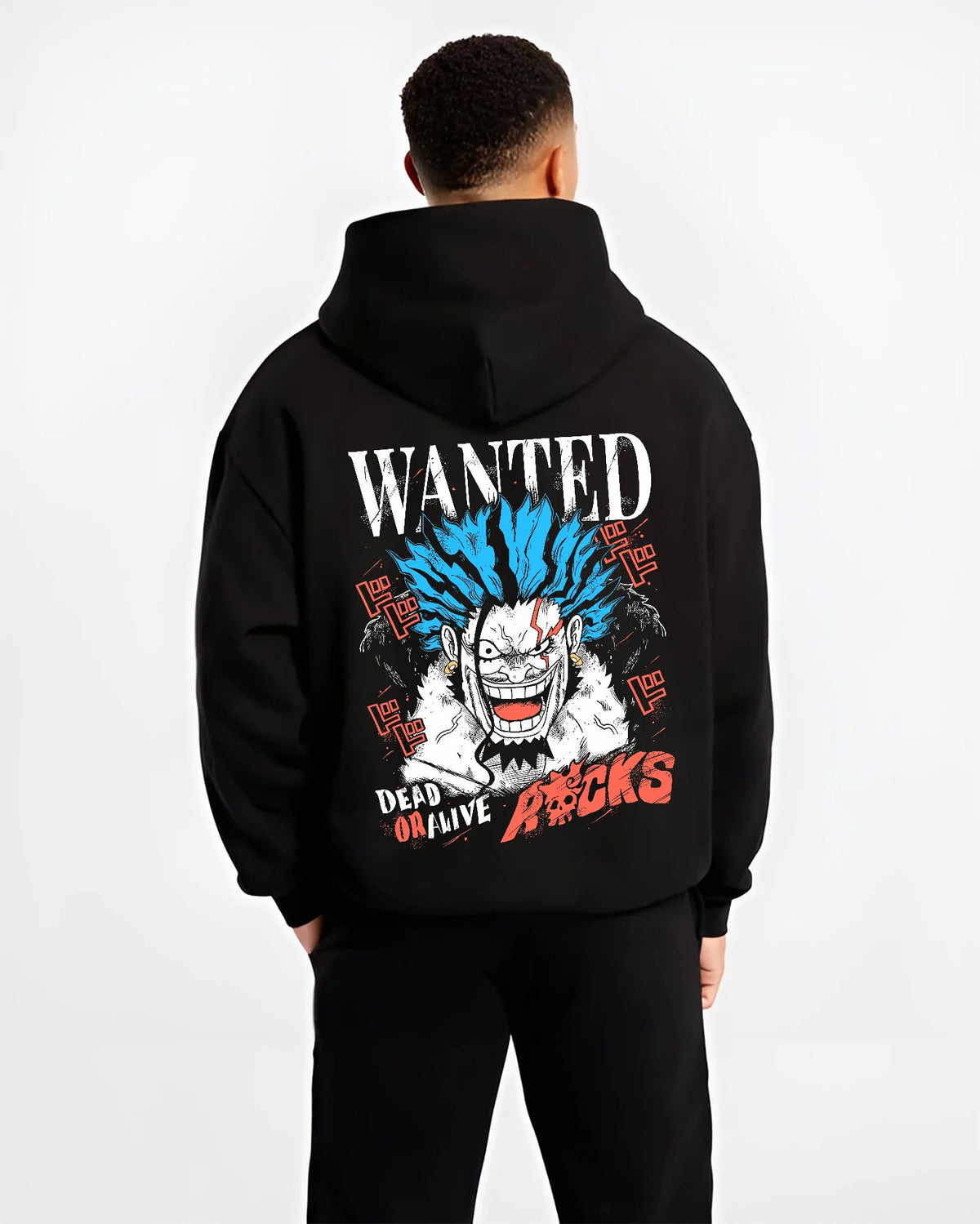 Black hoodie model back view with Rocks D. Xebec from One Piece illustrated back graphic