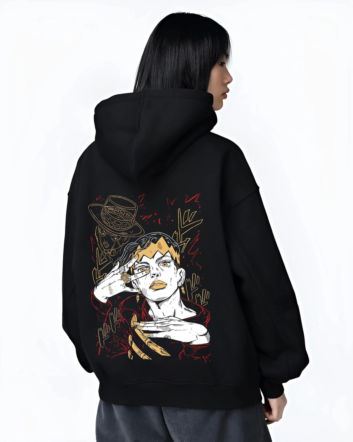 Black hoodie worn by female model from the back featuring Rohan Kishibe Heaven's Door JoJo's Bizarre Adventure artwork.
