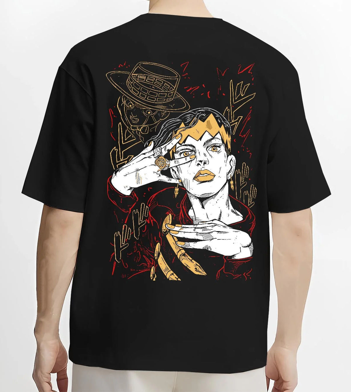Black T-shirt worn by male model from the back featuring Rohan Kishibe Heaven's Door JoJo's Bizarre Adventure artwork.