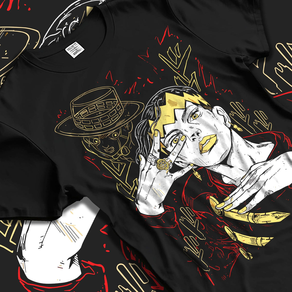 Black T-shirt laid flat with natural folds featuring Rohan Kishibe Heaven's Door JoJo's Bizarre Adventure artwork.