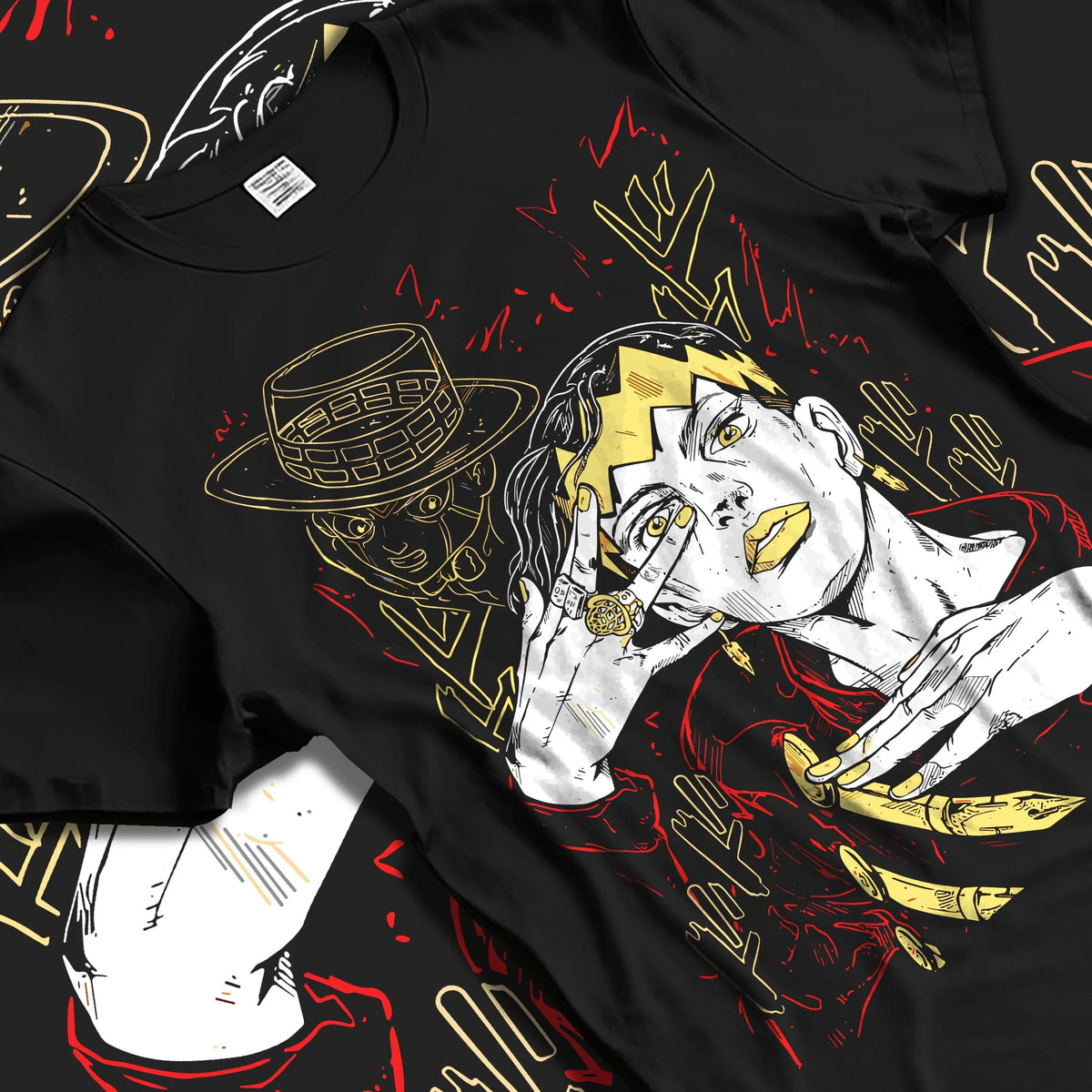 Black T-shirt laid flat with natural folds featuring Rohan Kishibe Heaven's Door JoJo's Bizarre Adventure artwork.