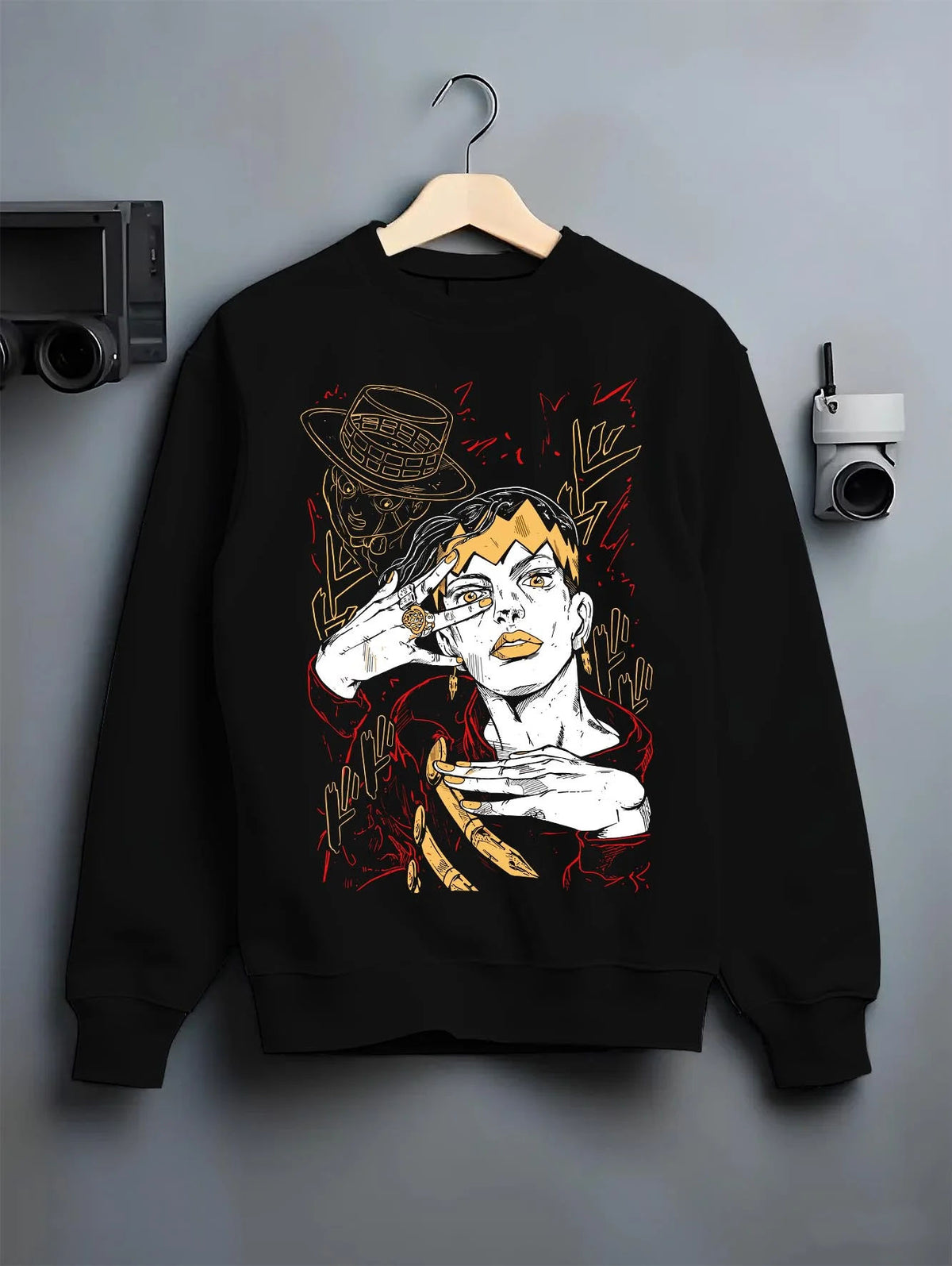 Black crewneck sweatshirt on hanger featuring Rohan Kishibe Heaven's Door JoJo's Bizarre Adventure artwork.