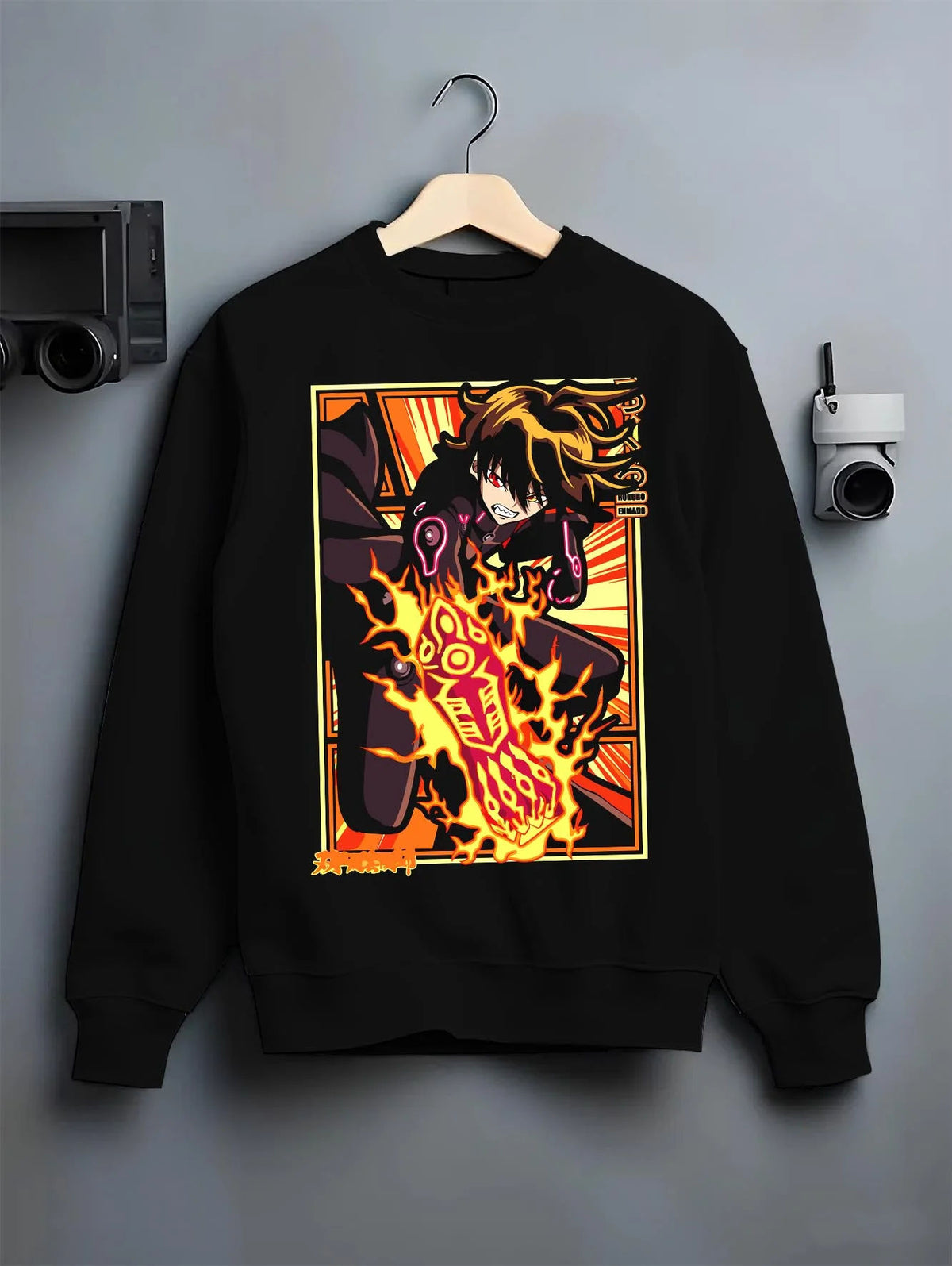 Black crewneck sweatshirt on hanger featuring Shinra Kusakabe Devil's Footprints Fire Force artwork.