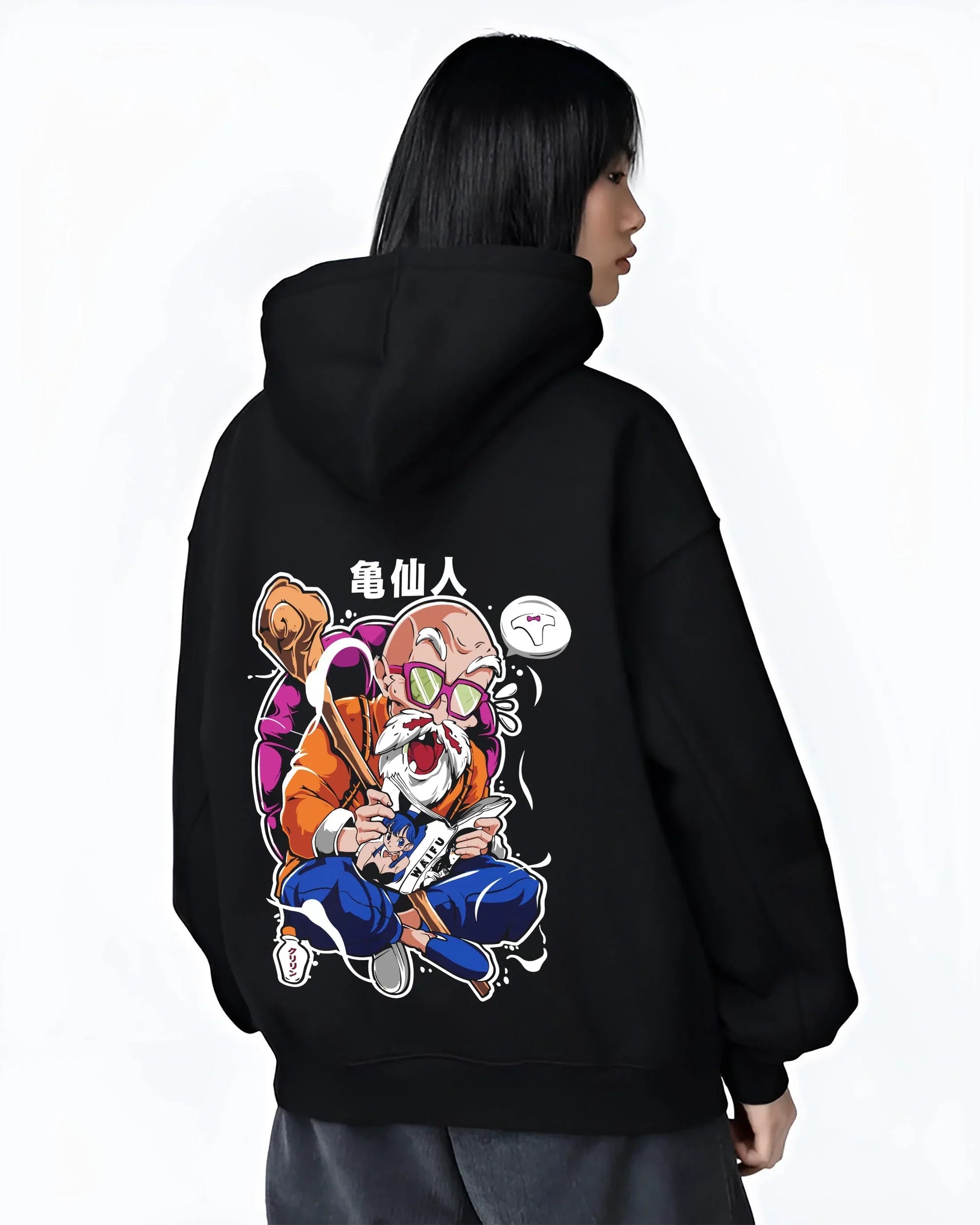 Black hoodie worn by female model, back view with Master Roshi Hoodie Dragon Ball Martial Arts graphic streetwear graphic.