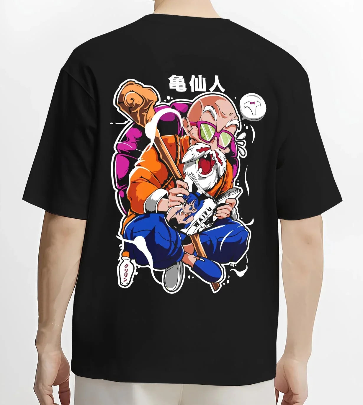 Black T-shirt worn by male model, back view with Master Roshi Hoodie Dragon Ball Martial Arts graphic bold anime graphic.