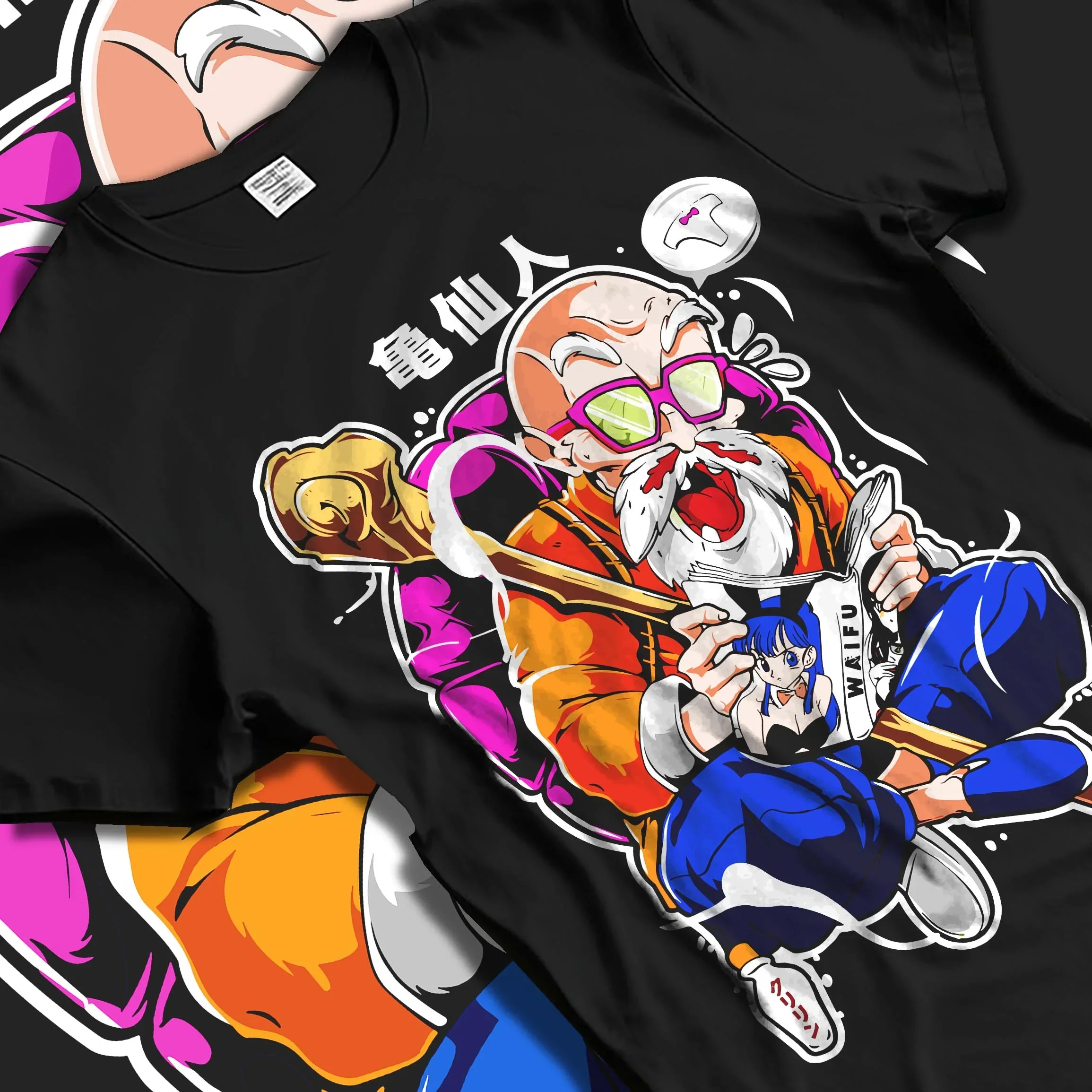 Black T-shirt laid flat with natural folds with Master Roshi Hoodie Dragon Ball Martial Arts graphic premium wear.