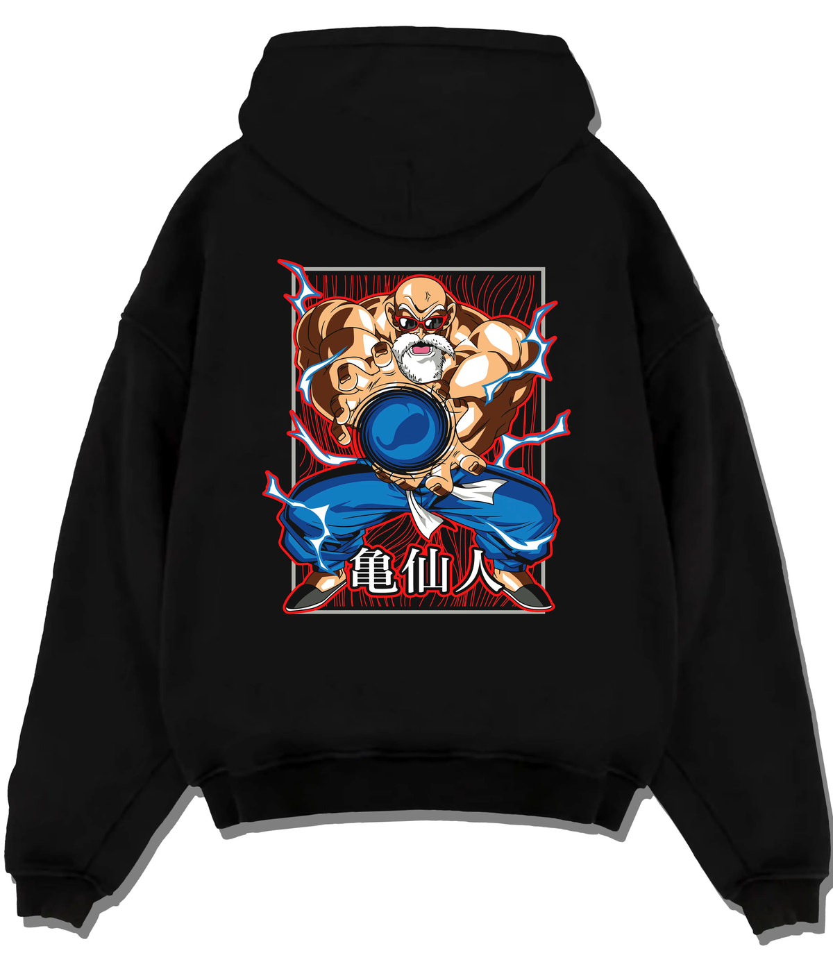Black hoodie flat back view showing Master Roshi / Kame-Sennin from Dragon Ball: Kamehameha