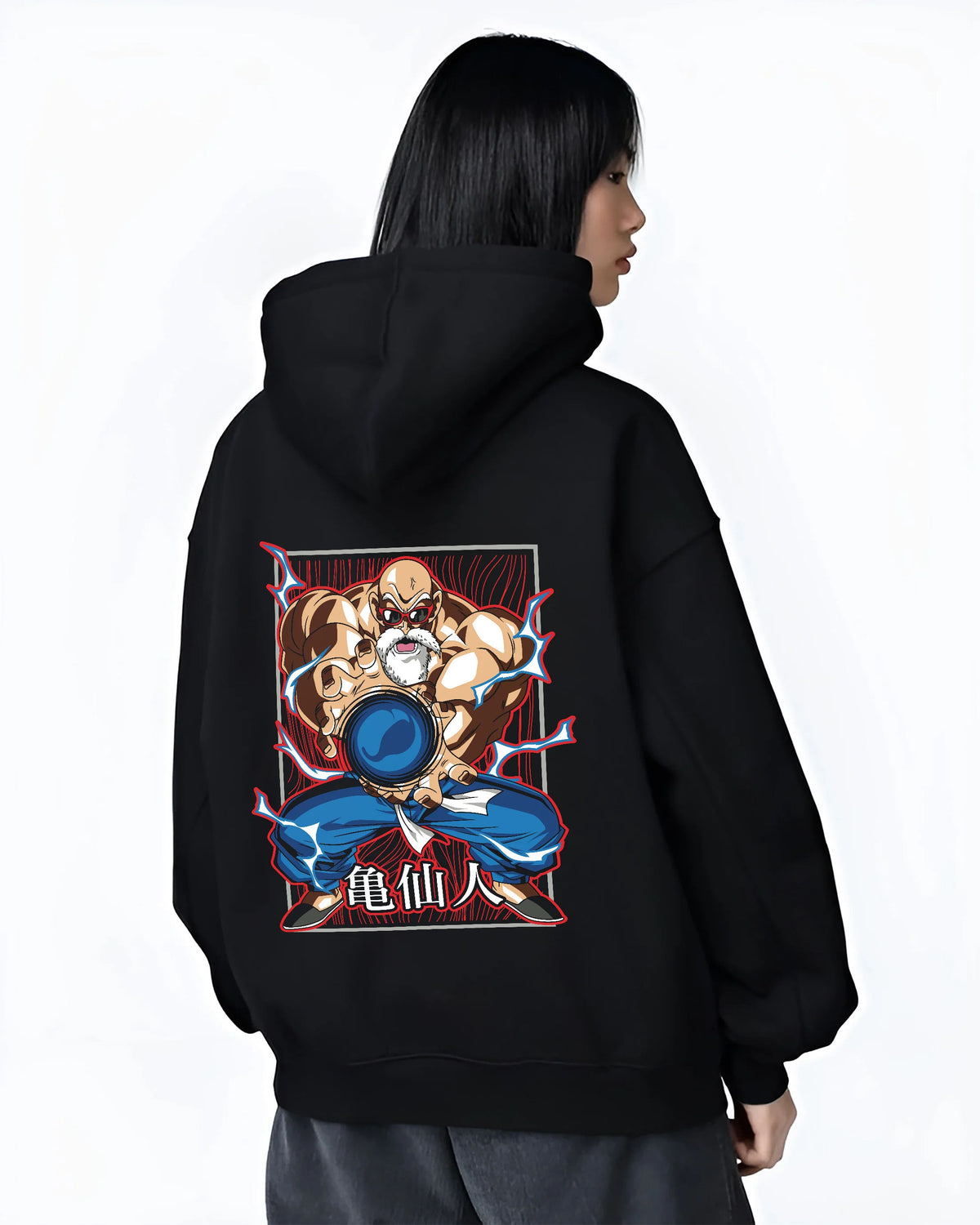 Black hoodie female model back view showing Master Roshi / Kame-Sennin from Dragon Ball: Kamehameha
