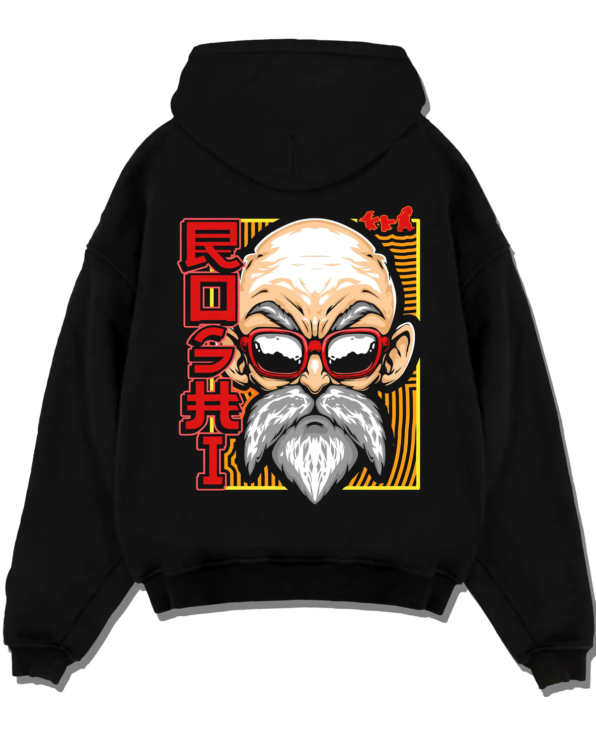 Black hoodie laid flat featuring Master Roshi Kamehameha Turtle Hermit Dragon Ball artwork.