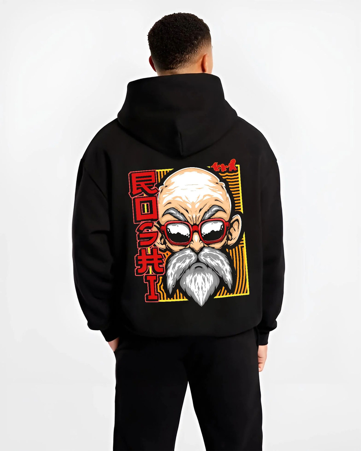 Black hoodie worn by male model from the back featuring Master Roshi Kamehameha Turtle Hermit Dragon Ball artwork.
