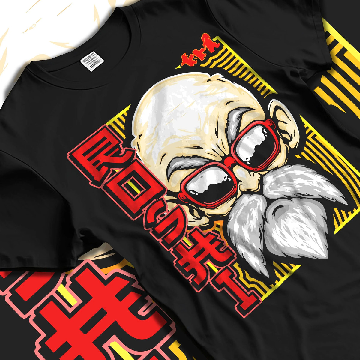 Black T-shirt laid flat with natural folds featuring Master Roshi Kamehameha Turtle Hermit Dragon Ball artwork.