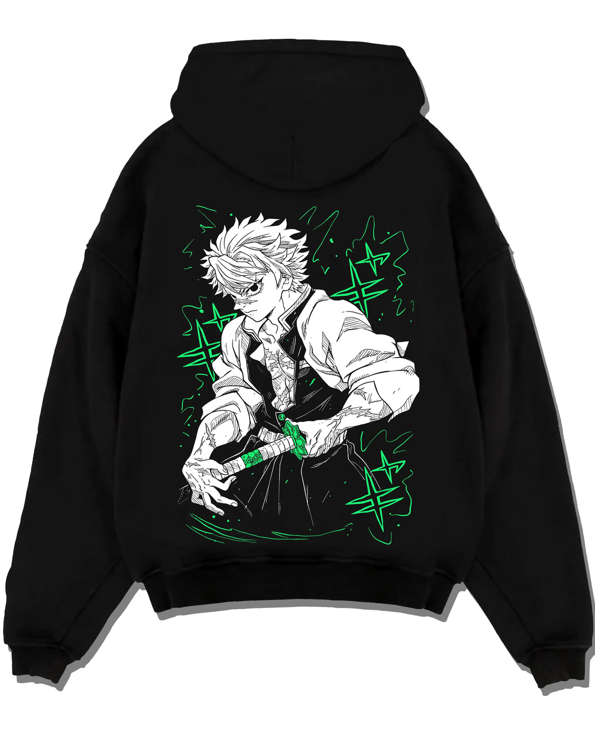 Black hoodie laid flat featuring Sanemi Shinazugawa Wind Hashira Demon Slayer artwork.