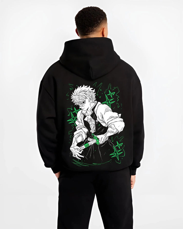 Black hoodie worn by male model from the back featuring Sanemi Shinazugawa Wind Hashira Demon Slayer artwork.