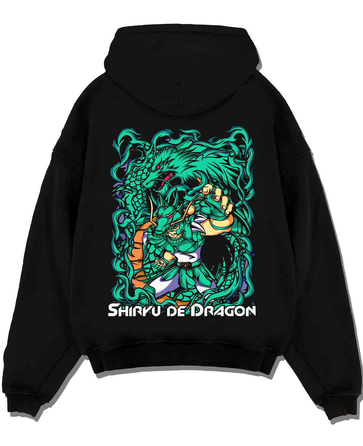Black hoodie laid flat featuring Dragon Shiryu Bronze Saint Saint Seiya artwork.