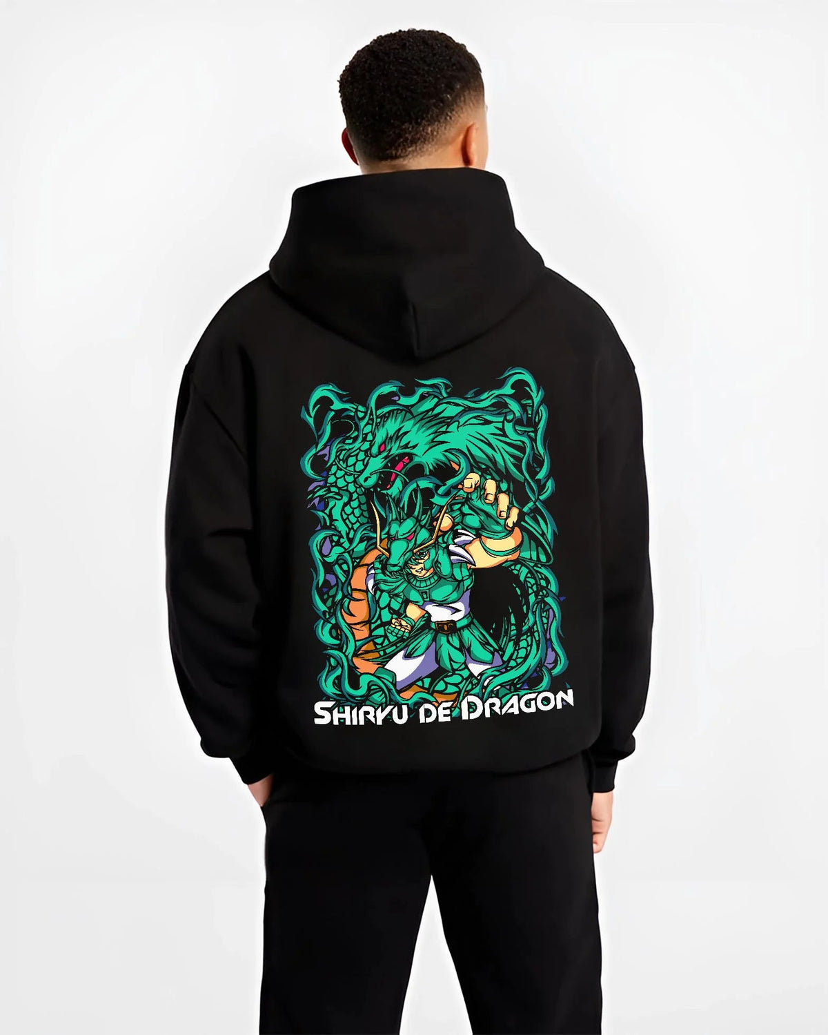 Black hoodie worn by male model from the back featuring Dragon Shiryu Bronze Saint Saint Seiya artwork.