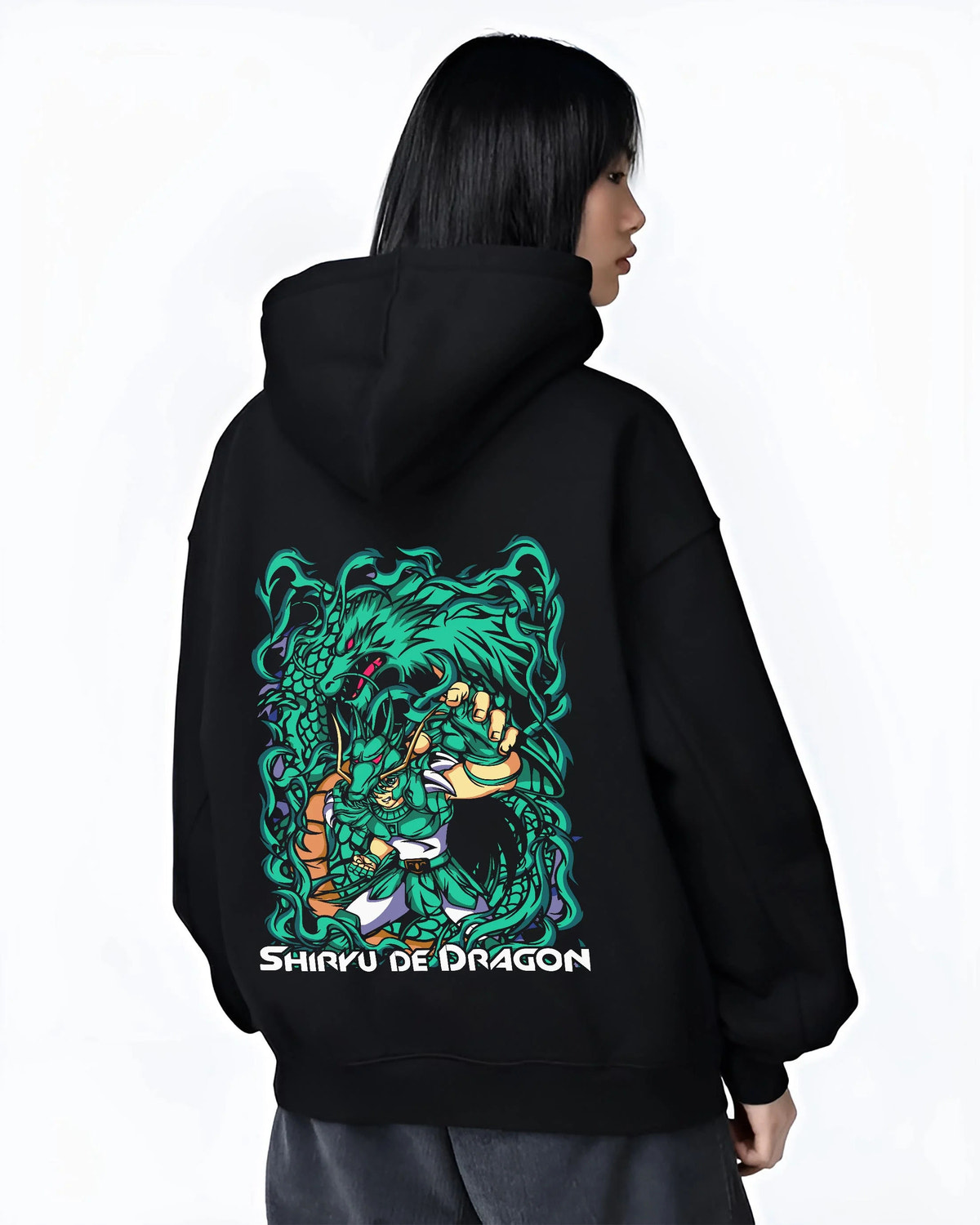 Black hoodie worn by female model from the back featuring Dragon Shiryu Bronze Saint Saint Seiya artwork.