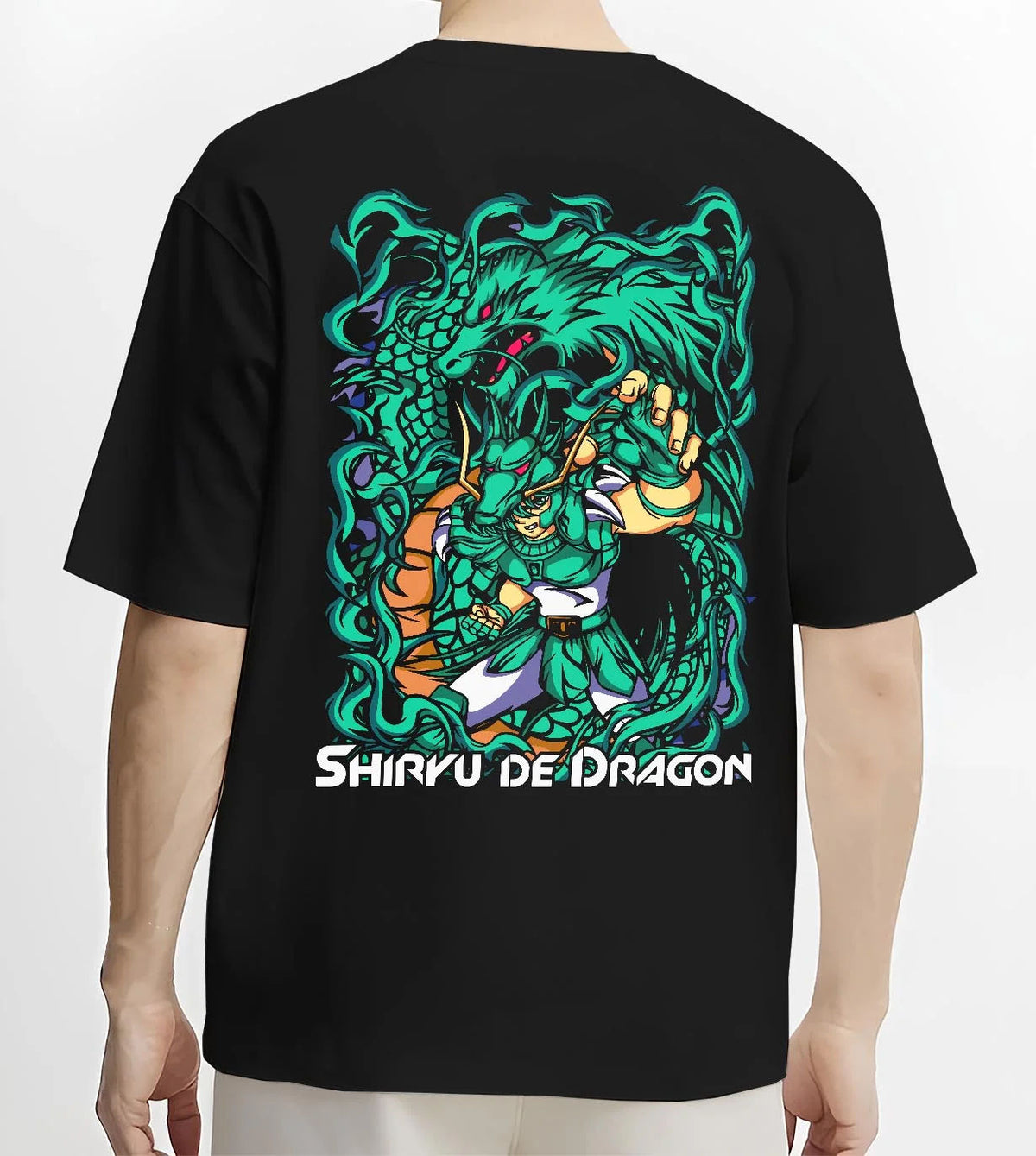 Black T-shirt worn by male model from the back featuring Dragon Shiryu Bronze Saint Saint Seiya artwork.